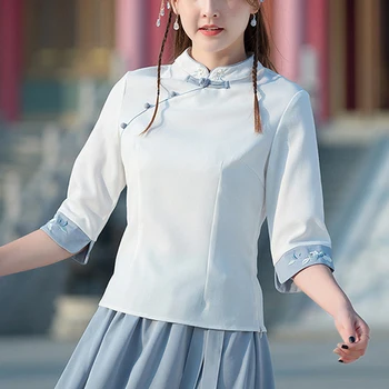 

folk-custom embroidery Sleeve Tang suit daily Wearable Costume Buckle Cotton linen Retro coat Chinese style Women Stand collar