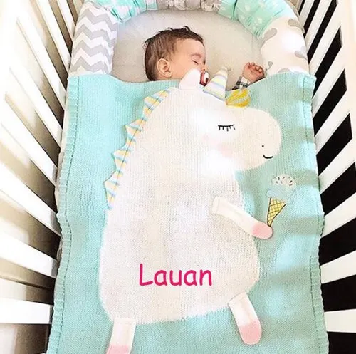 PERSONALIZED Baby Blanket Knit Pink Unicorn Custom Monogram Embroidered Gift Baby Shower Infant warm blankie blanket Swaddle - Цвет: light green