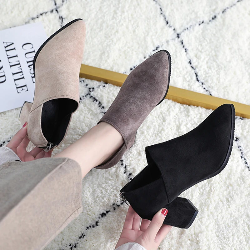 

Autumn Boots Chunky Heel Zipper Shoes Booties Ladies Bootee Woman 2019 High Heel Pointy Rubber Chain Pointed Toe Flock Ankle