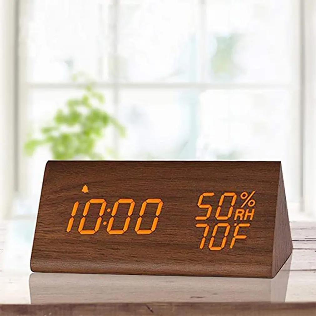 Feuchtigkeit thermometer Wecker LED Holz Uhr Tisch Voice Control Digitale  Holz Powered Elektronische Desktop Uhren - AliExpress