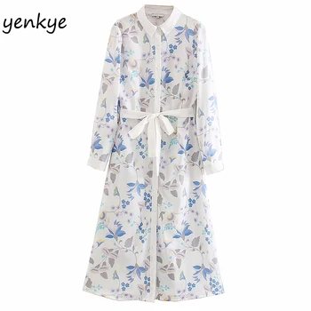 

Fashion Women Floral Print Shirt Dress Female Lapel Collar Long Sleeve Sashes A-line Long Dress Spring 2020 vestidos XNWM9366