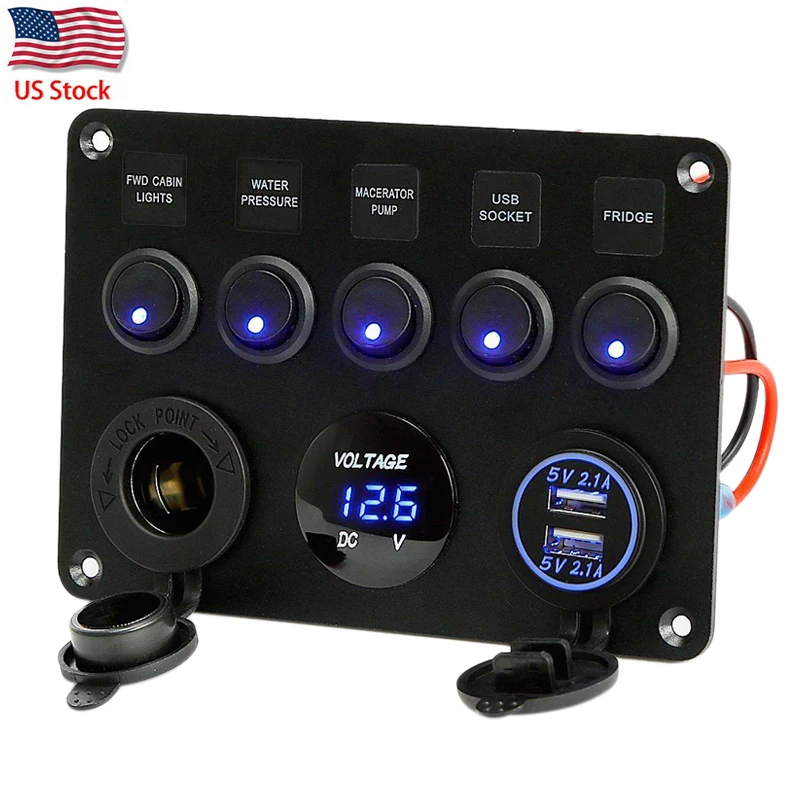 5 Gang USB Rocker Switch Panel 12V 24V Car Boat LED Voltmeter Cigar Lighter Port