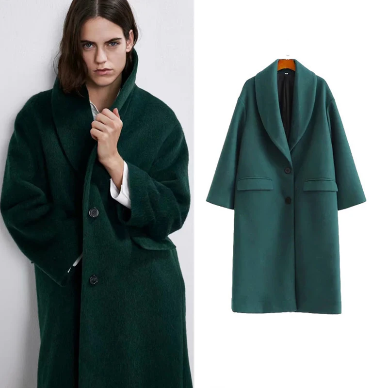 Осень зима 2020 новый стиль элегантное зеленое шерстяное пальто с одной пуговицей свободное приталенное и для