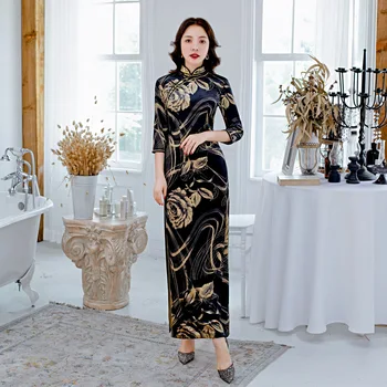 

Elegant women velour qipao winter velvet long cheongsam daily banquet long section seven-point sleeves cheongsam Plus size 5XL