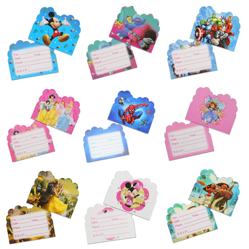  50Pcs Cartoon theme Invitation Card envelope Unicorn/Princess/spiderman/Avenger/Mermaid/Panda birth - 4.00014E+12