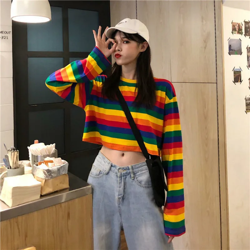 Rainbow Striped Streetwear Long Sleeve Crop Top - Queerks™