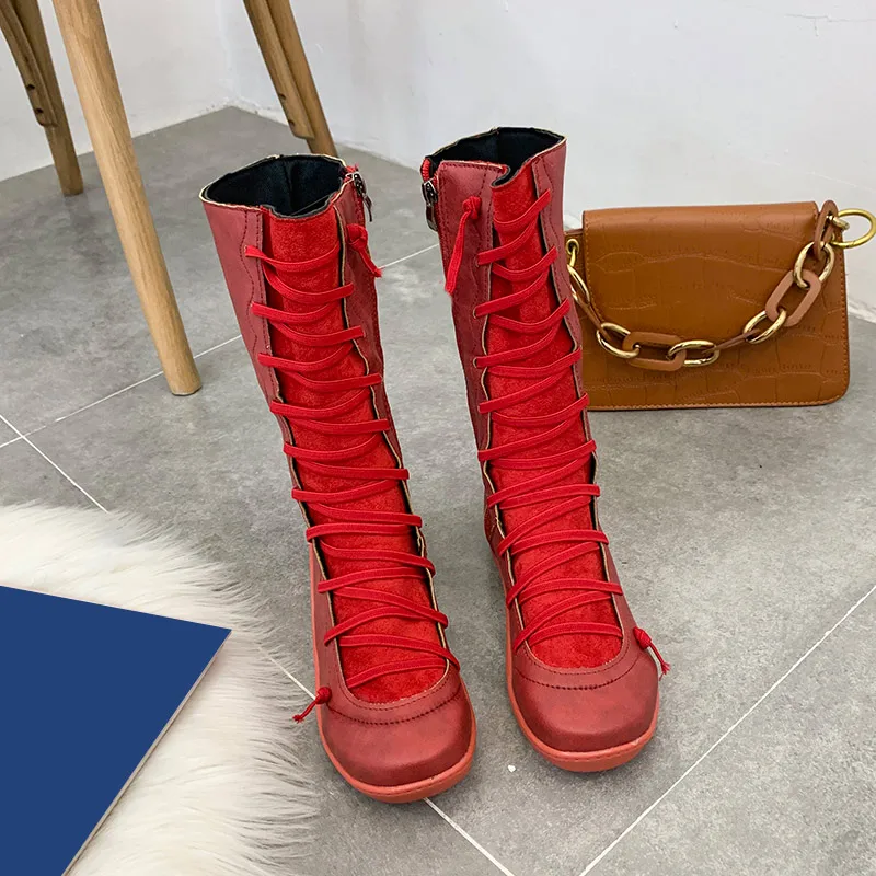 red high top Женские винтажные сапоги до середины икры из искусственной кожи на плоской подошве; сезон осень; женские высокие сапоги с перекрестными ремешками; женская модная обувь; большие размеры - Цвет: red high top