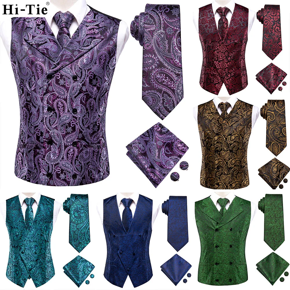 

Hi-Tie Burgundy Purple Paisley Silk Mens Slim Waistcoat Necktie Set For Suit Dress Wedding 4PCS Vest Necktie Hanky Cufflink Set