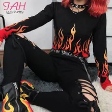 IAMHOTTY Flaming Fire Print Gothic Women T Shirt Streetwear Harajuku Long Sleeve Tshirt Tops Punk Fashion Autumn Tee-Shirt Femme