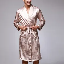 Мужской халат шелковый атлас с длинным рукавом Осенний длинный халат легкая Пижама с поясом халат кимоно Hombre# g2