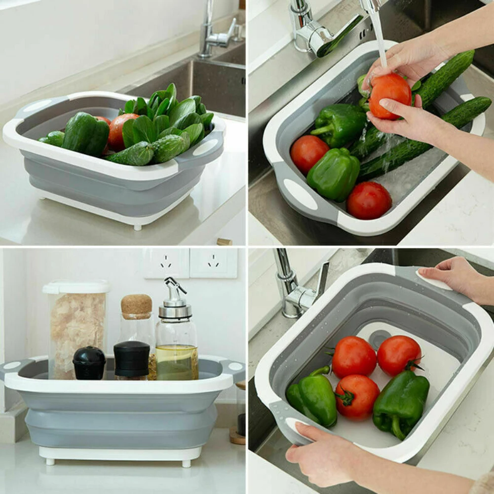 New Chopping Board Folding Drain Basket Vegetable Fruit Washing Holder Basin Tool