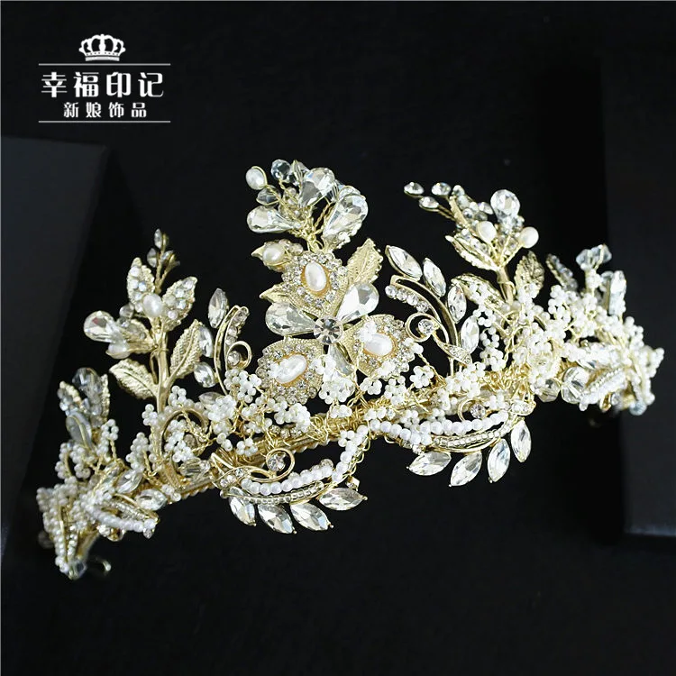

Luxury MORI Series Bride Entirely Handmade Man-made Diamond Pearl Headdress Hair Accessories Gold Large Crown Wedding Dress Orna