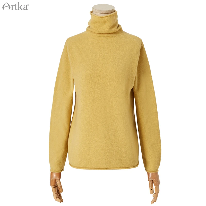 ARTKA Autumn Winter New Women Sweater Multicolor Pure Wool Sweater Turtleneck Pullover Wool Knitted Sweaters YB11791D - Color: Yellow