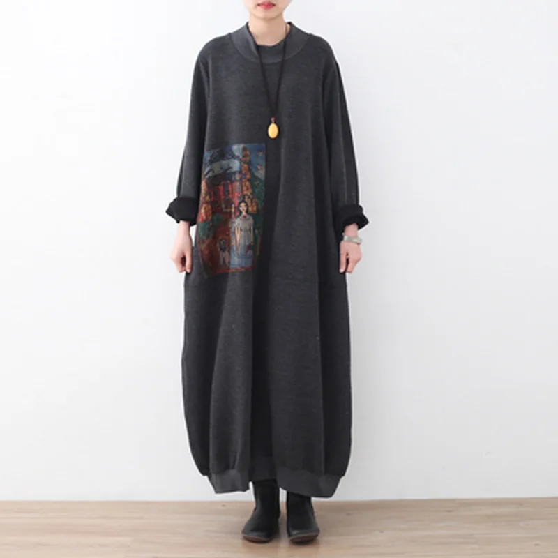 

Johnature Women Patchwork Print Pattern Long Dresses New 2019 Autumn Vintage Loose Large Size O-Neck Asymmetric Vintage Dresses