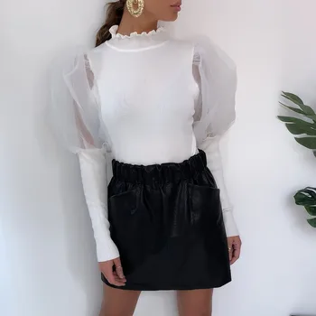 

Women Shirt Autumn Puff Sleeve Turtleneck Ladies White Shirts Knitted Mesh Patchwork Blouse And Tops Female Solid Slim Tops D30