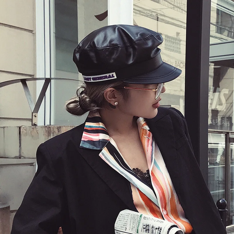 

H7600 Women Black Beret Hat Men Spring Autumn PU Leather Thin Navy Berets Cap European American Retro Casual Short Eave Caps