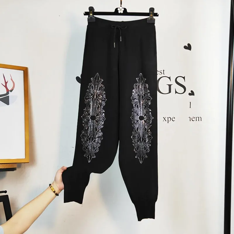 

Casual Heavy Work Diamond Beading Knitted Pants Women New Autumn Elastic Waist Loose Harem Pants брюки женские s1319