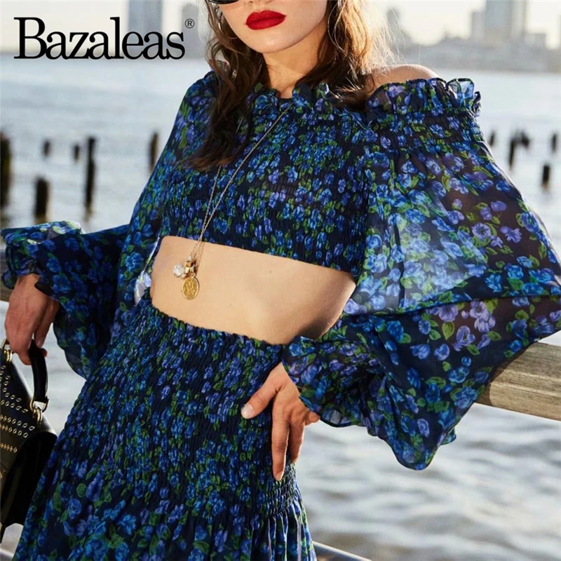 Винтажная эластичная женская блузка Bazaleas Элегантные Синие блузки с цветочным