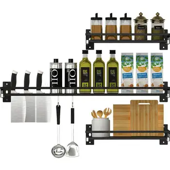 

Black Stainless Steel Wall Hanging Kitchen Shelf Wall Non Perforated Kitchen And Bathroom Dual Purpose Multi-layer Storag