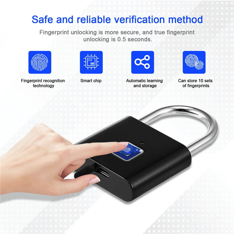 

Portable Keyless Lock USB Rechargeable Door Lock Fingerprint Smart Padlock Quick Unlock Zinc Alloy Metal Self Developing Chip