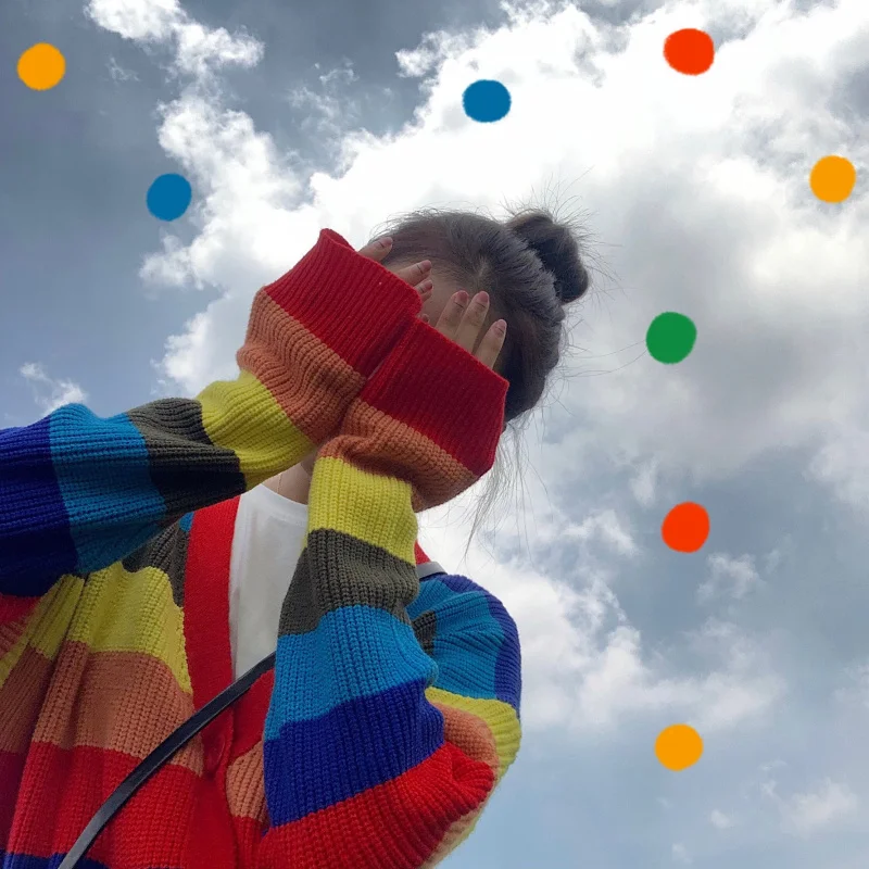 

Women's Sweaters Japanese Kawaii Ulzzang Rainbow Loose Lazy Wind Long Sleeve Sweater Female Korean Harajuku Clothing For Women