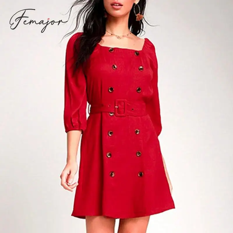 

Femajor Women's Business Chic Black High Waist Short Dress Female 2019 Autumn Winter A Line Lantern Sleeve Off Shoulder Vestidos