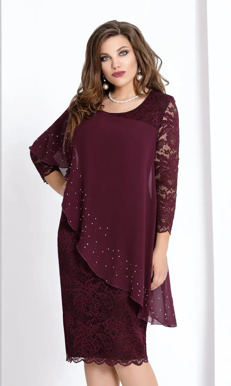 Large Size Dress 5xl Autumn Elegant 3/4 Sleeves Slim Party Chiffon Plus Size Dress Female Solid Color Lace Dress Female Vestidos - Цвет: Бургундия