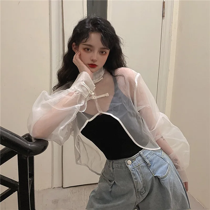 2020 Mesh Transparent Tang Suit White See Through Asymmetric Shirt Cheongsam Top Chinese Style Clothing Women Fashion |