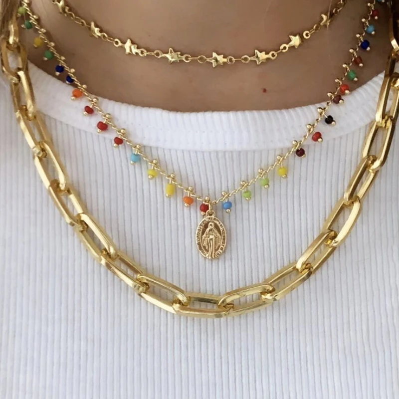 

2022 Summer Must-have Copper Plated 18k Gold Chain Necklace Colorful Bead Pendant Embellishment Ladies Daily Decoration