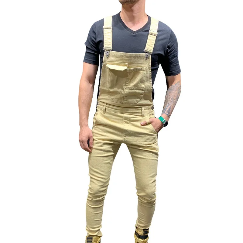 Laamei Men Adjustable Shoulder Strap Slim Denim Overalls Casual Bib Pants Jumpsuit Fashion Overalls For Man Suspender Pants