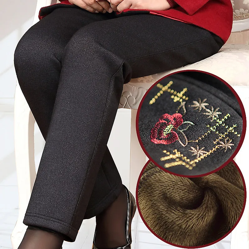 Elderly Women Winter Warm Velvet Elastic Waist Casual Straight Pants