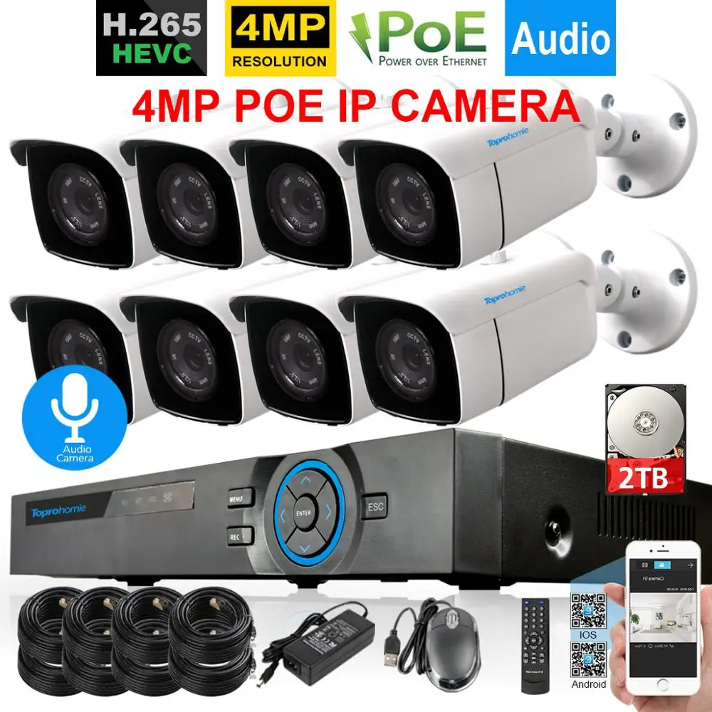 TOPROHOMIE H.265+ 8ch камера безопасности Система 4MP аудио запись наружная POE ip-камера 8CH cctv комплект видеонаблюдения P2P HDMI