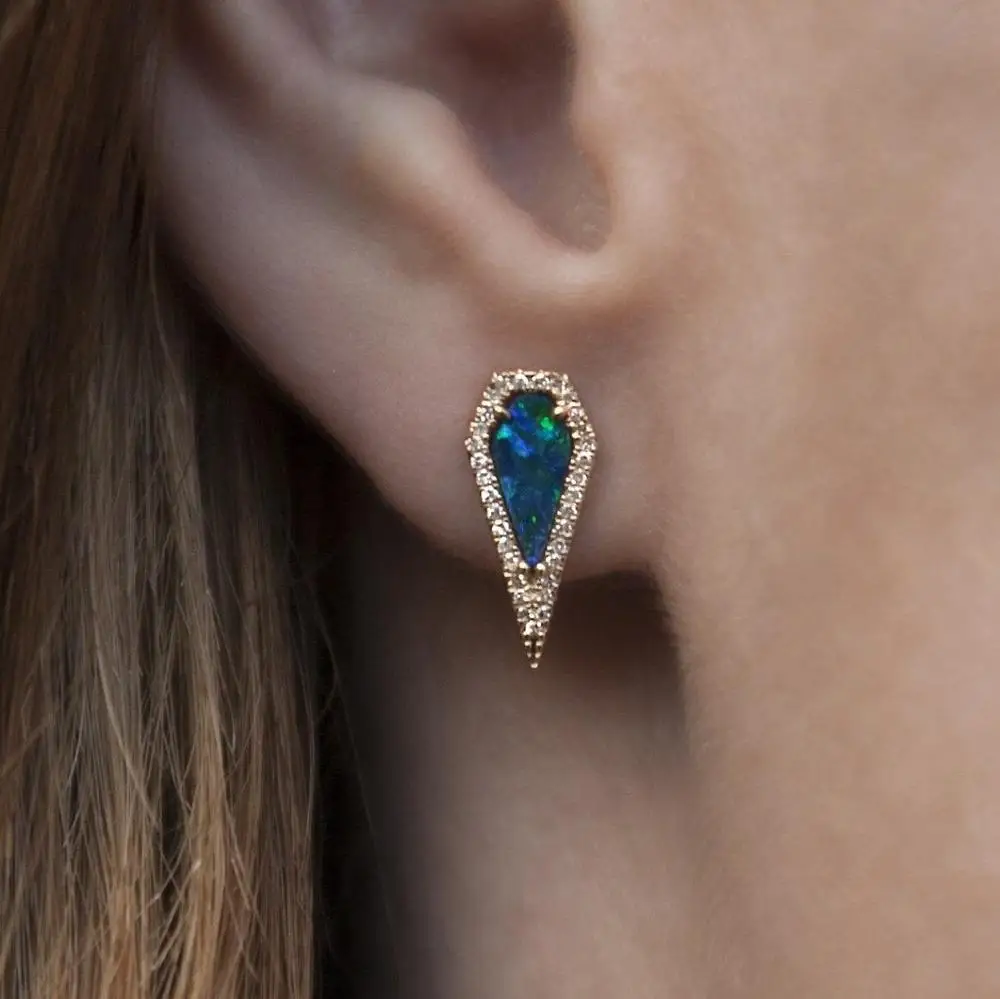 Gold color blue purple fire opal stone irregular spike geometric women stud earring | Украшения и аксессуары