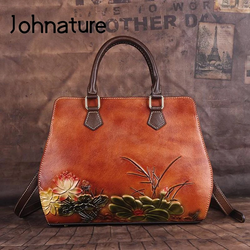 Johnature Handmade First Layer Cow Leather Women Bag 2021 New Vintage Embossing Shoulder Bags Large Capacity Leisure Handbag