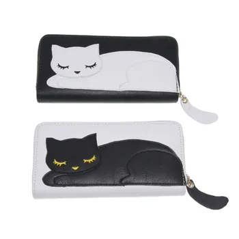 

EUMOAN New cat cat PU long zipper wallet, embroidered wallet clutch WOMEN cute long wallets