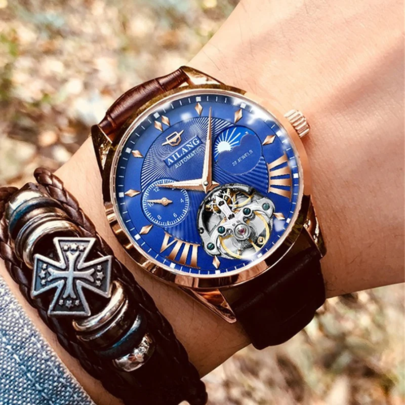 AILANG Top  Luxury Moon Phase Skeleton Tourbillon  Men Automatic Mechanical Male Wrist_voghion.com