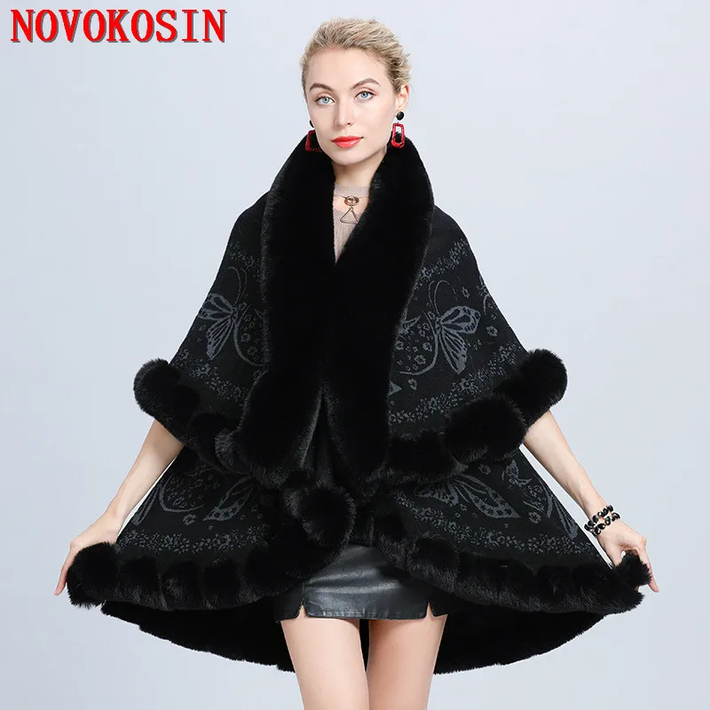 

2020 Winter Warm Long Knitted 2 Layers Poncho Cape Cashmere Loose Women Imitation Fox Fur European Jacquard Weave Cardigan Coat