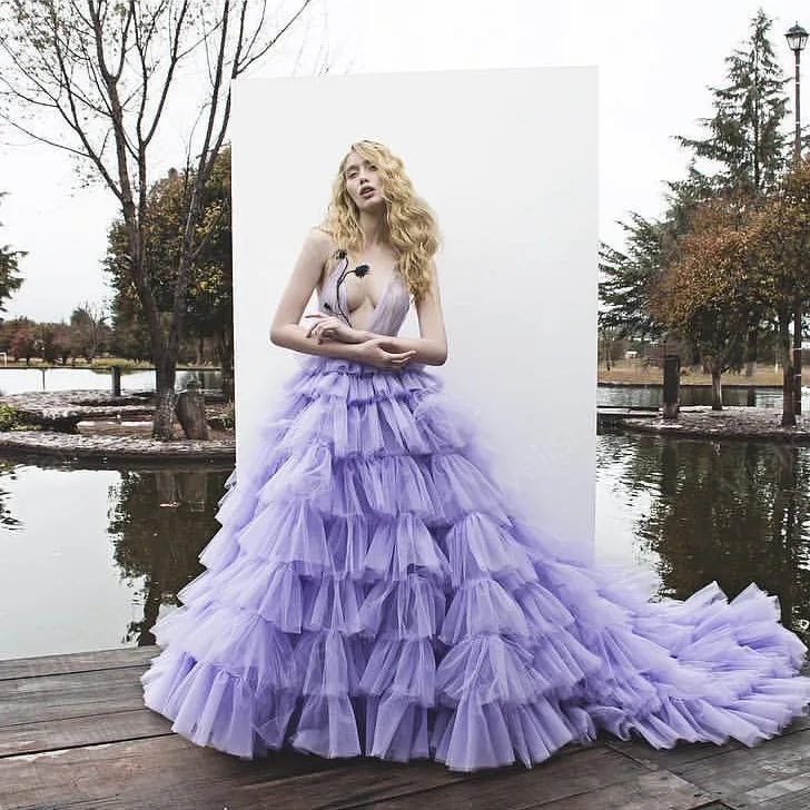 Sexy Tiered Ruffle Tulle Dress 2021 Women Deep V-Neck Backless Long Tulle Dresses With Train Evening Prom Grown Custom Made