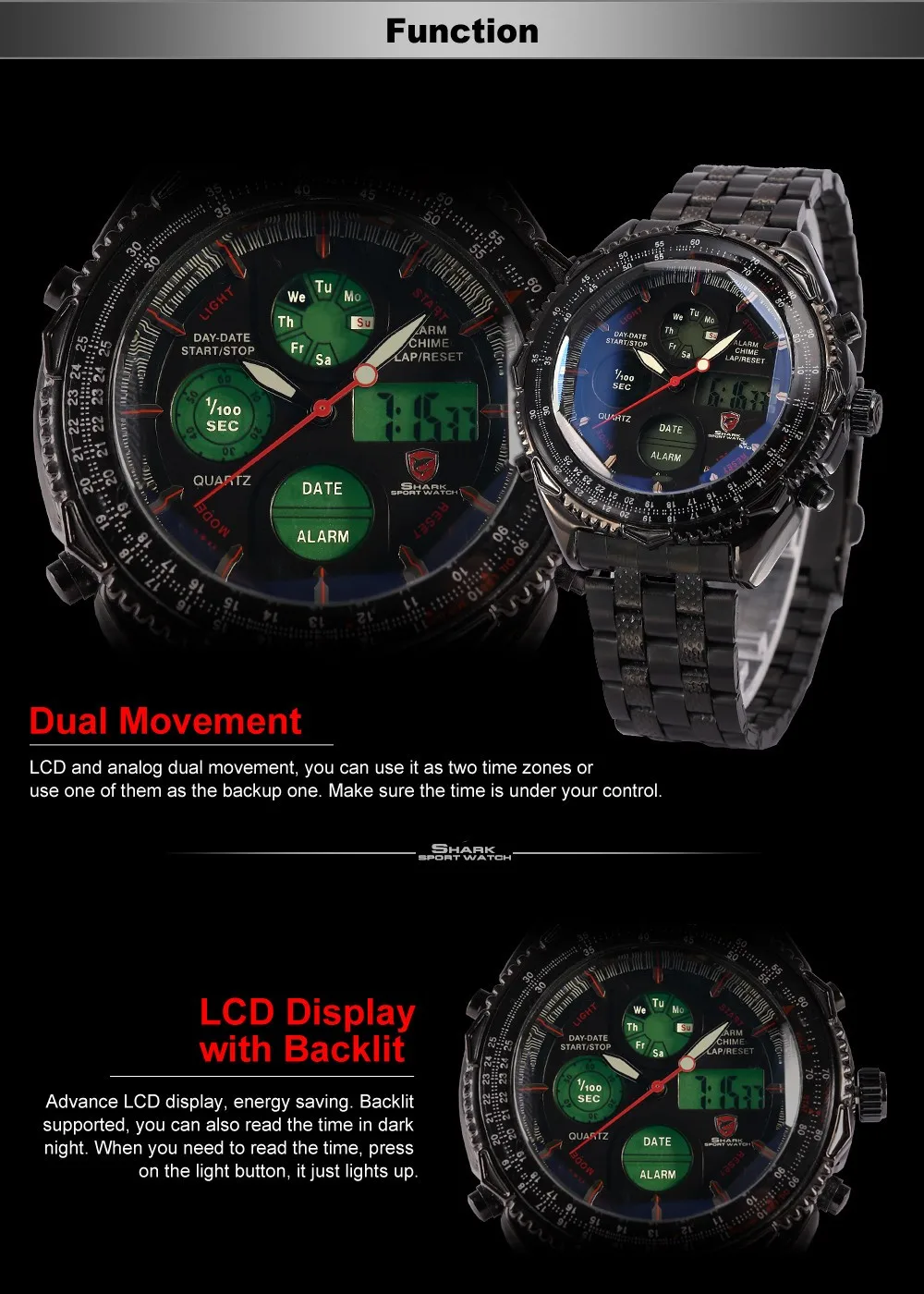 Спортивные часы Eightgill Shark, цифровые, lcd, аналоговые, нержавеющая сталь, ремешок, дата, день, хронограф, черные мужские военные кварцевые часы/SH116