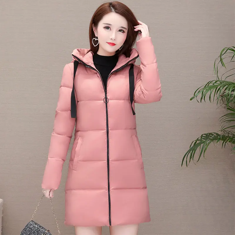 Женское длинное пекарское пальто с капюшоном, большой размер, зимнее пуховое пальто, Студенческая Толстая теплая куртка, ватные парки с большим карманом - Цвет: PINK