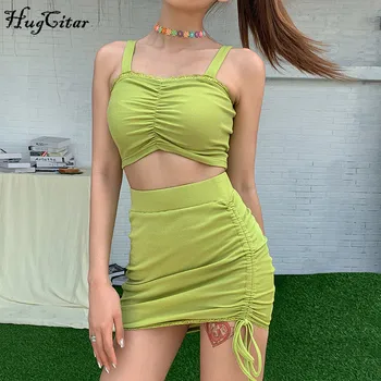 

Hugcitar 2020 sleeveless sexy ruched crop top skirt bandage 2 pieces set summer women fashion camis streetwear tracksuit