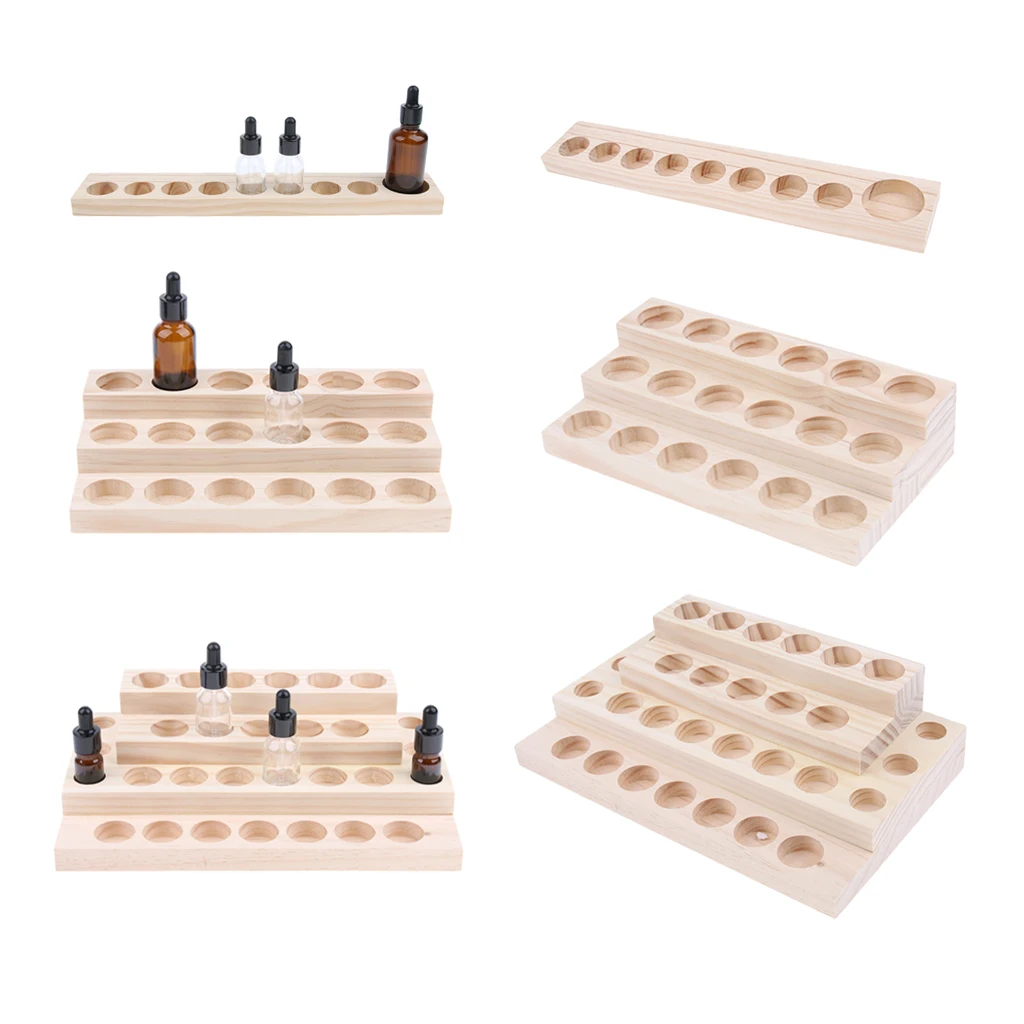 Natural Wood Essential Oil Display Stands Holder Rack Storage Organizer for 9/18/30 Slots 5-15ml Bottles Perfume Storage Tray