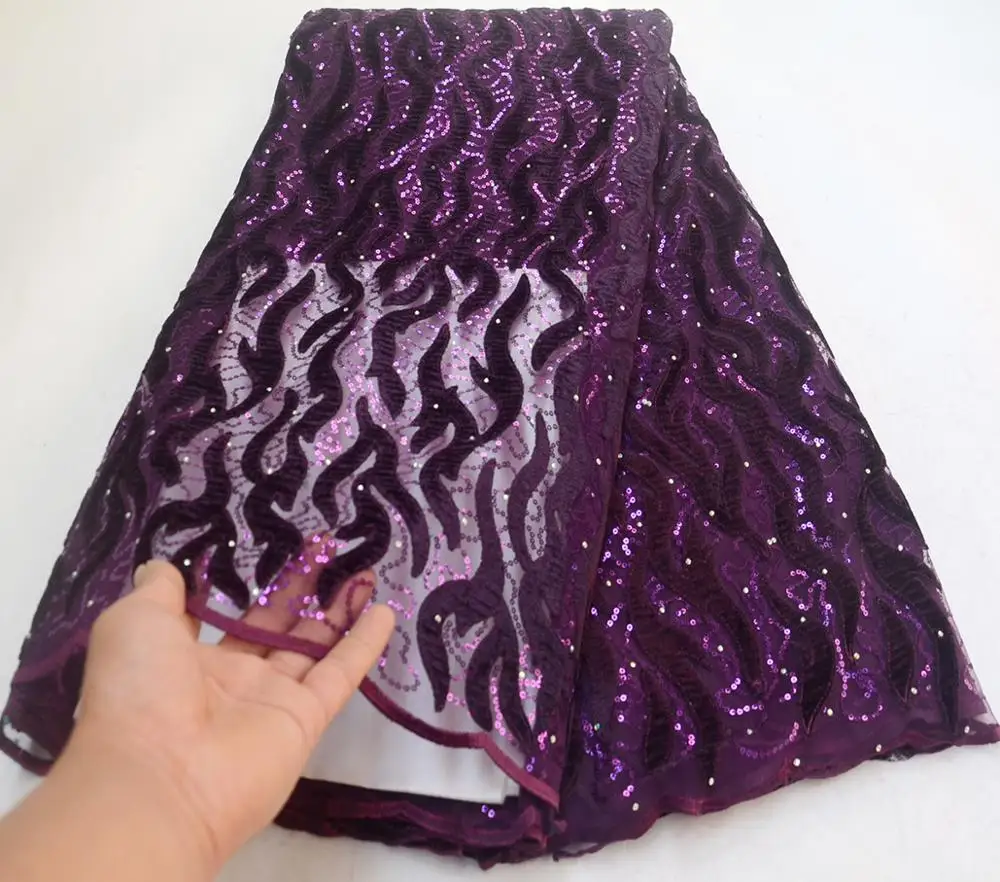 

New Arrival Dark Purple Sequins Lace Fabric African Nigerian Tulle Mesh Lace Fabric for Wedding Velvet Lace Fabrics with Sequins