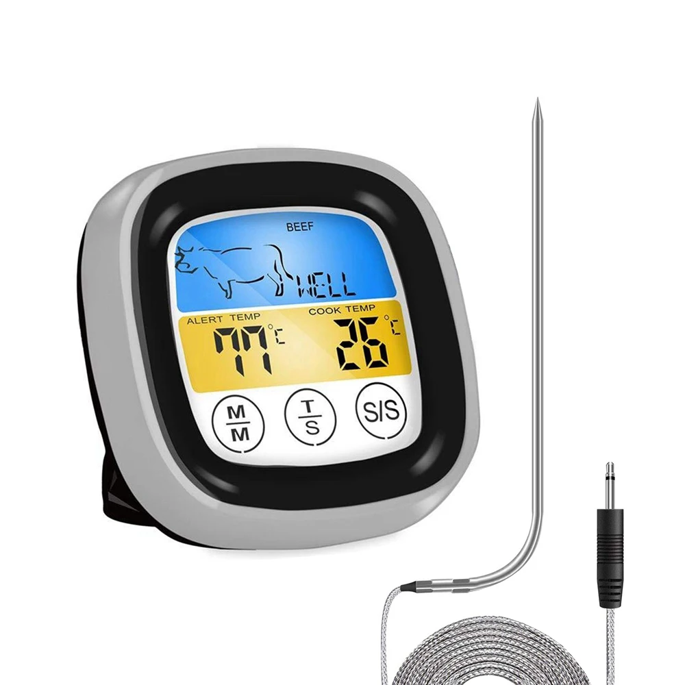 Цифровой термометр для приготовления пищи, барбекю, измеритель температуры мяса, ЖК-дисплей, сенсорный экран для гриля, духовки, курильщика, таймер, зонд из нержавеющей стали - Цвет: with one probe