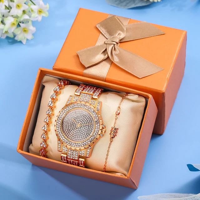 Luxury Women's Bracelet Quartz Diamond Studded Elegant Watch Set 1