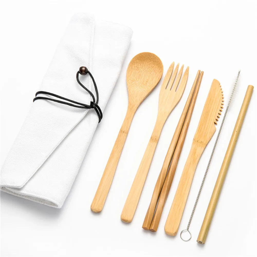 Eco-friendly Travel Reusable Portable Bamboo Cutlery Set Spoon Fork Chopstick Sets 6pcs/set Straw Kitchen Food Dinnerware Set - Цвет: 7pcs set0010
