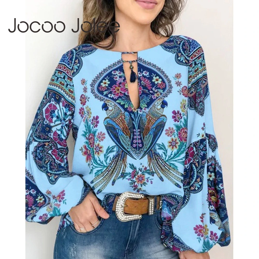 

Блузка Jocoo Jolee Женская в этническом стиле, винтажная рубашка в стиле бохо с расклешенным длинным рукавом и геометрическим узором, повседневный топ свободного покроя