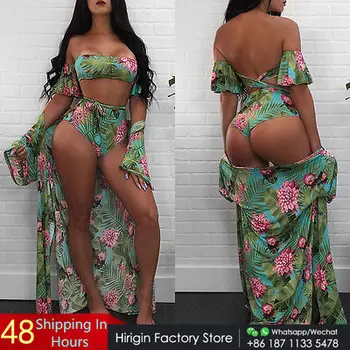 

2017 Women High Waist 3Pcs Swim Suit Padded Bikini Set Swimsuit+Swimwear Cover-Ups Beach Dress Floral Printed Beachwear Suit