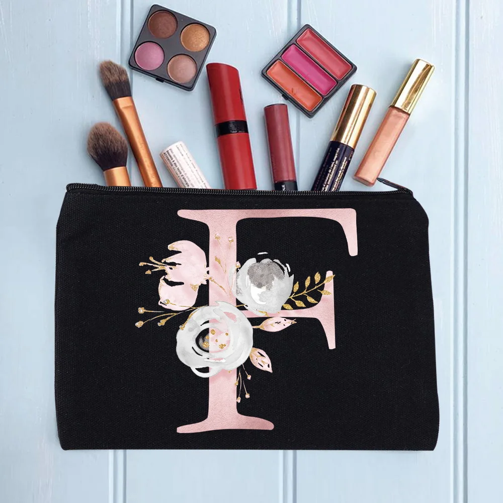 Women's Cosmetic Makeup Bags Female Organizer Pink Flower 26 Letters School Pencil Cases Carrying Bag for Coin Purse
