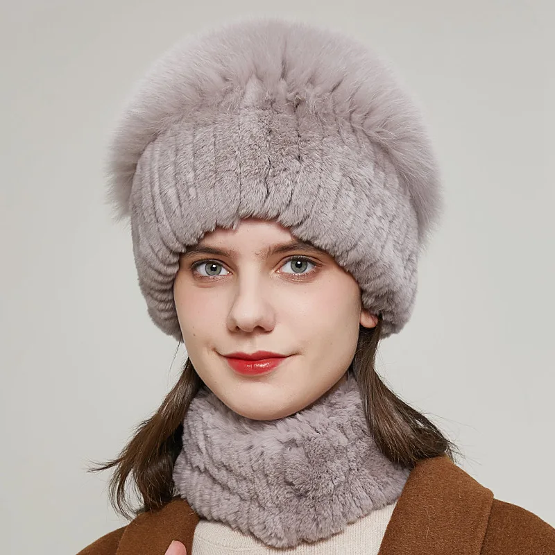 

HY-09 Popular Style Women's Accessores Rex Fur Winter Hat Ear Protection Rex Rabbit Hair Scarf Tassel Fox Hat